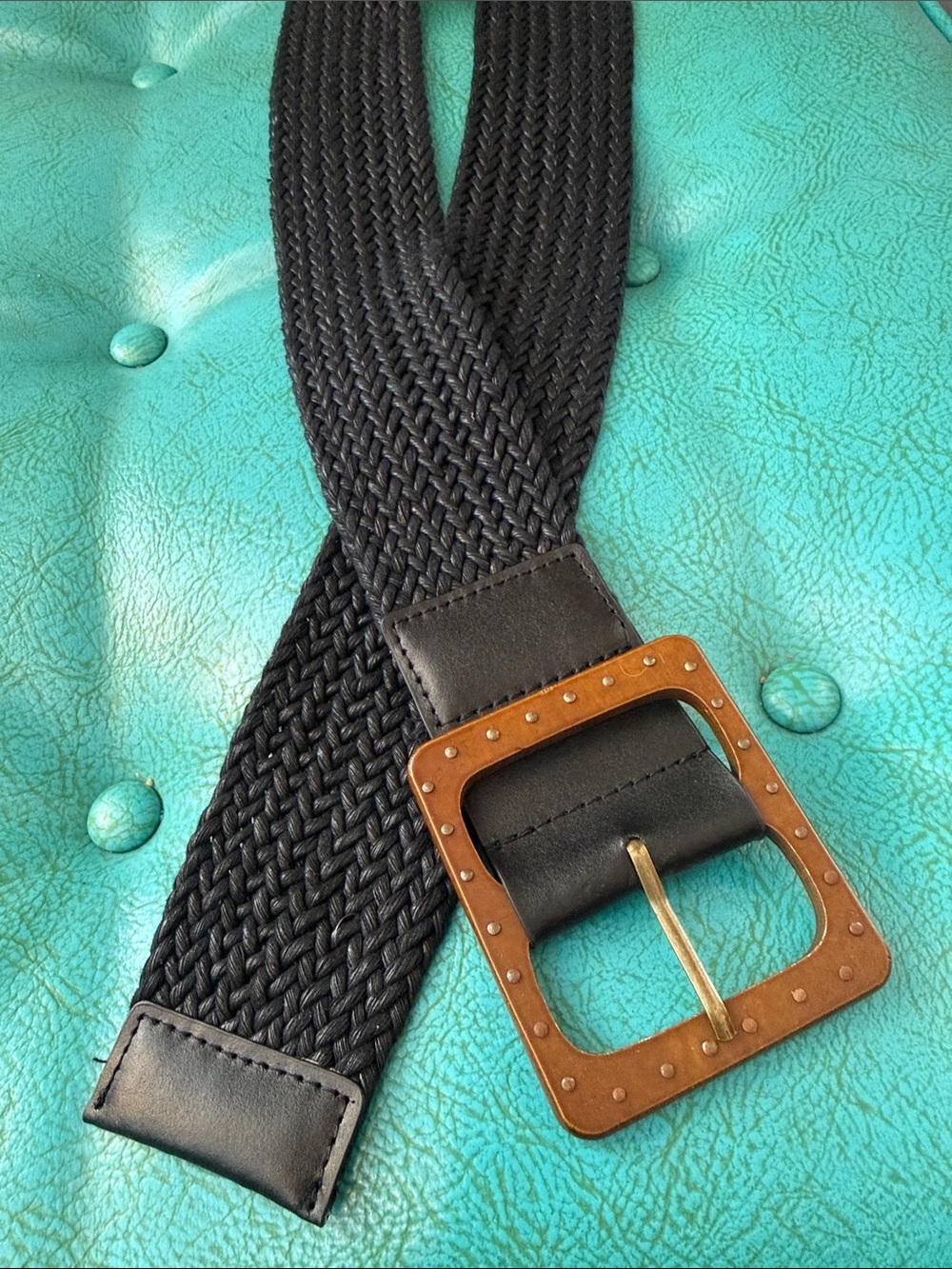 Set of two woven wide statement belts black and natural M/L boho cinching - Picture 5 of 11